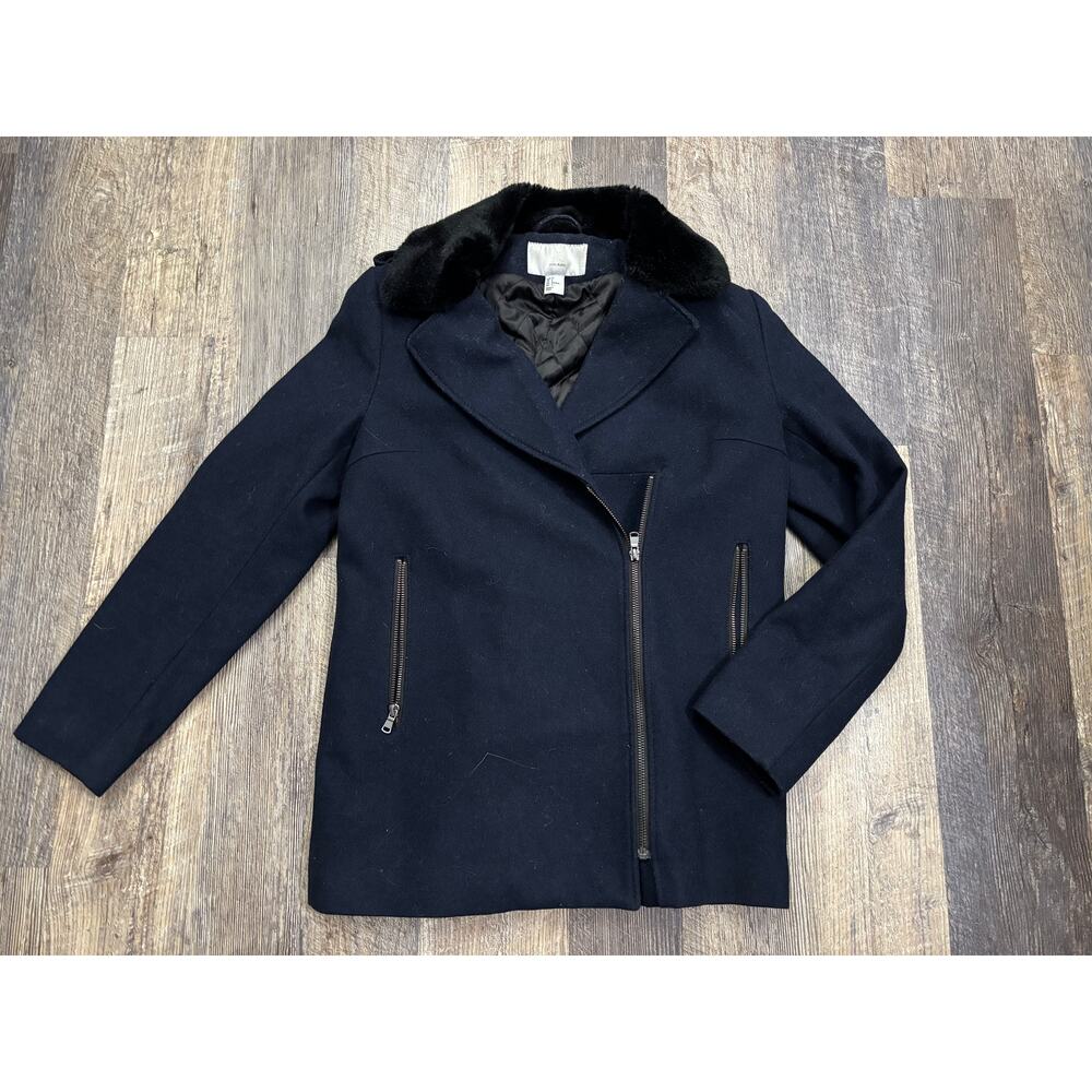 HM Navy Blue Wool Blend Moto Jacket Faux Fur Collar Coat Womens Size 6 0187982 8